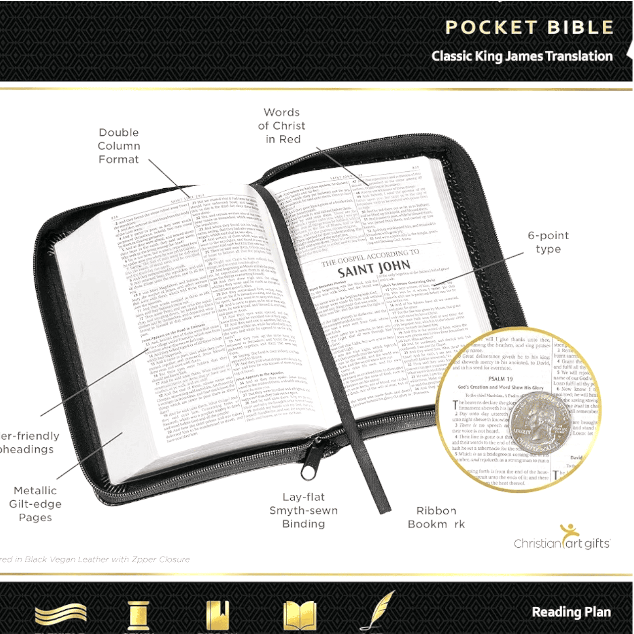 KJV Pocket Bible, Black Imitation Leather with Zippered Closure - Compact King James Version Holy Bible, Red Letter Edition for Portable Devotion (ISBN: 9781432100025)