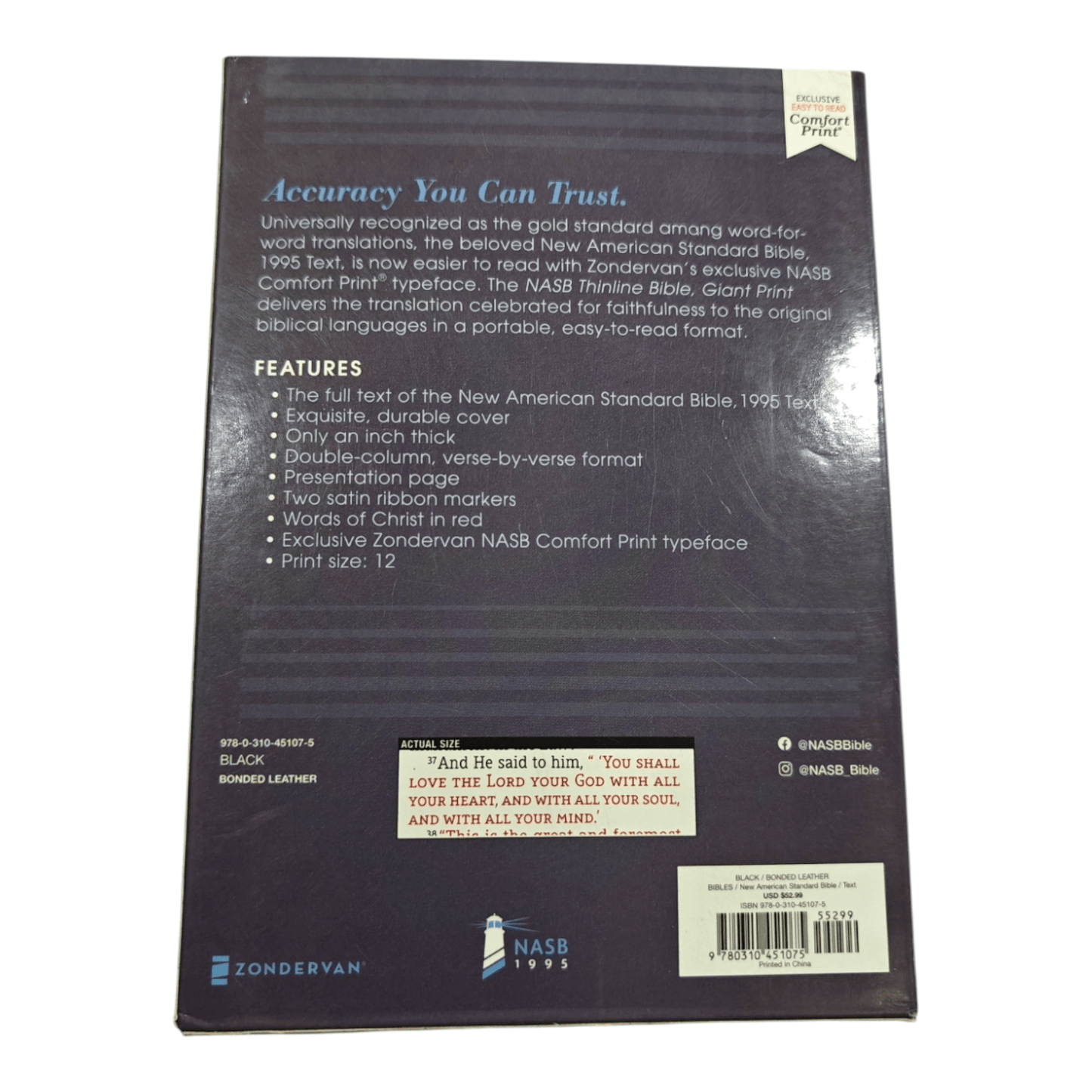 NASB Thinline Bible, Giant Print, Bonded Leather Black, Red Letter Edition - Portable New American Standard Bible, 1995 Text, Comfort Print for Easy Reading (ISBN: 9780310451075)