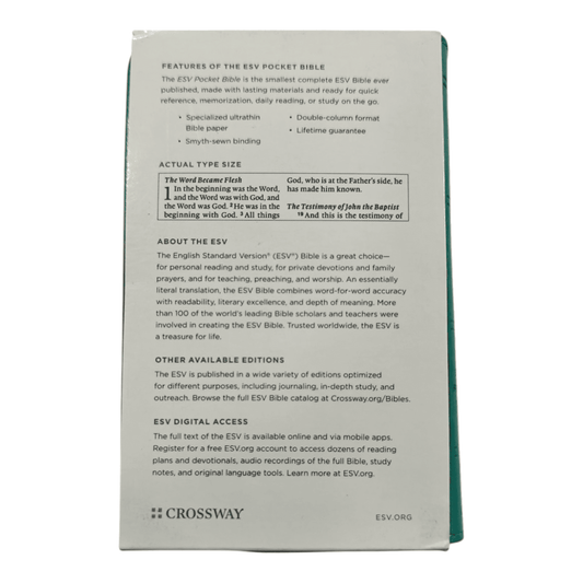 ESV Pocket Bible, TruTone Turquoise with Emblem Design - Smallest Complete English Standard Version Holy Bible for On-the-Go Reading and Memorization (ISBN: 9781433581687)