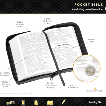 KJV Pocket Bible, Black Imitation Leather with Zippered Closure - Compact King James Version Holy Bible, Red Letter Edition for Portable Devotion (ISBN: 9781432100025)