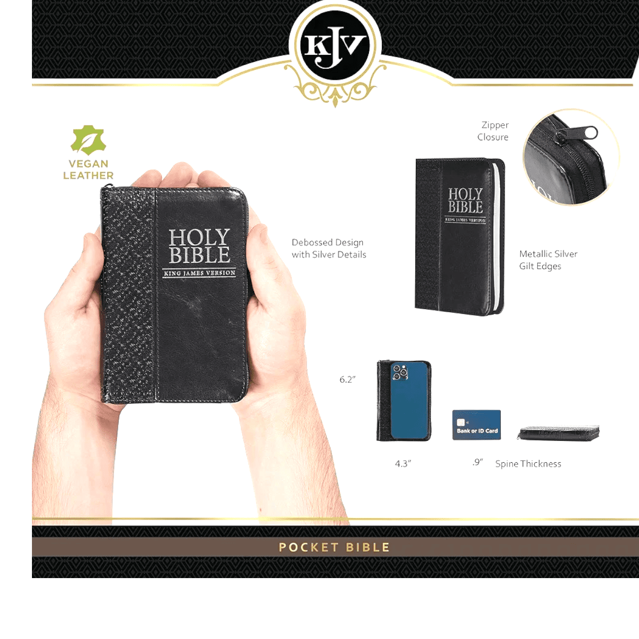 KJV Pocket Bible, Black Imitation Leather with Zippered Closure - Compact King James Version Holy Bible, Red Letter Edition for Portable Devotion (ISBN: 9781432100025)